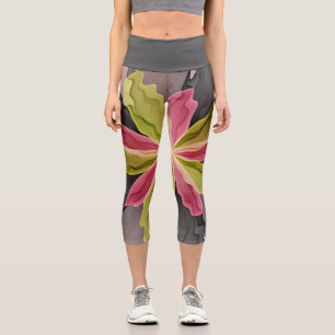 Leggings Capri Joy, Vert rose Anthracite Imaginaire Fleur Fractal