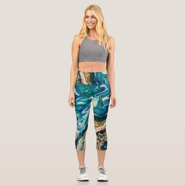 Leggings Capri La glace et le poisson abstrait bleu turquoise or  (Recto)