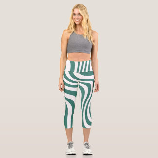 Leggings Capri Legging Capri à motif ondulé abstrait vert et blan