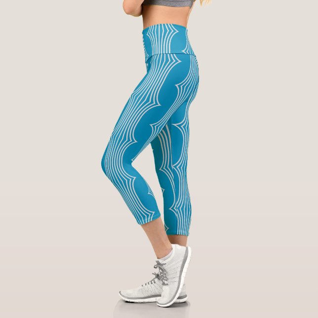Leggings Capri Lignes blanches Abstraites rétro sur Motif bleu (Gauche)