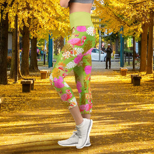 Leggings Capri Lime Vert Flamant Tropical