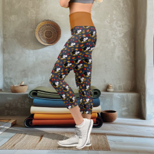 Leggings Capri Loups Blancs Noirs Clair de Lune Feuilles d'Automn