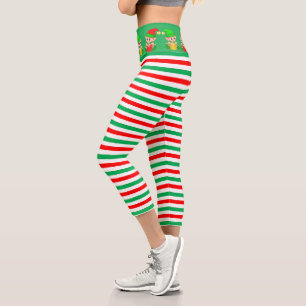 Leggings Capri Lutins de Noël et rayures vertes, rouges et blanch