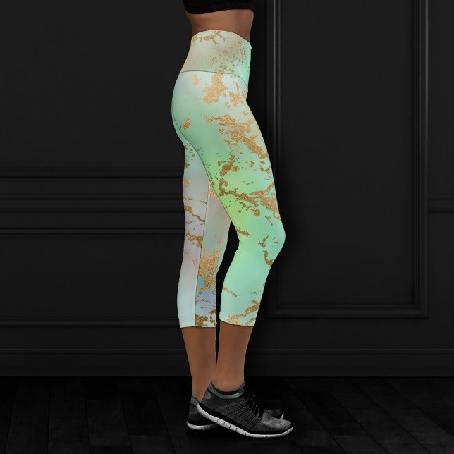 Leggings Capri Marbre Boho Glam | Neo Mint Green et Gold Parties  (Créateur téléchargé)
