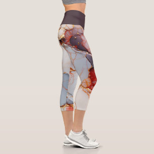 Leggings Capri Marbre d'Ivoire avec Veines Cramoisies et Dorées