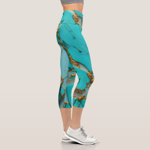 Leggings Capri Marbre Turquoise avec Veines Dorées
