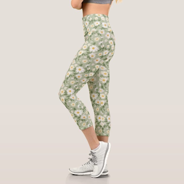 Leggings Capri Marguerites blanches sur Sage Green (Gauche)