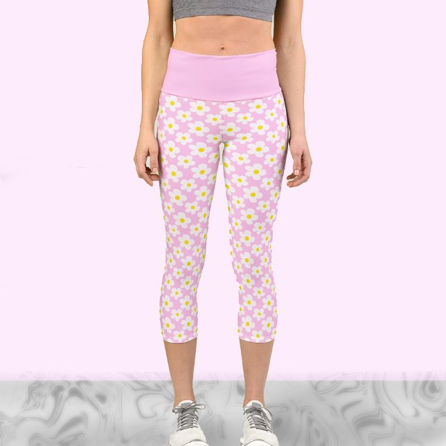 Leggings Capri Marguerites rétro blanches et roses jolies séances (Créateur téléchargé)