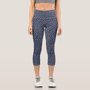 Leggings Capri Marine Blue & Faux Gold Motif de mosaïque marocain