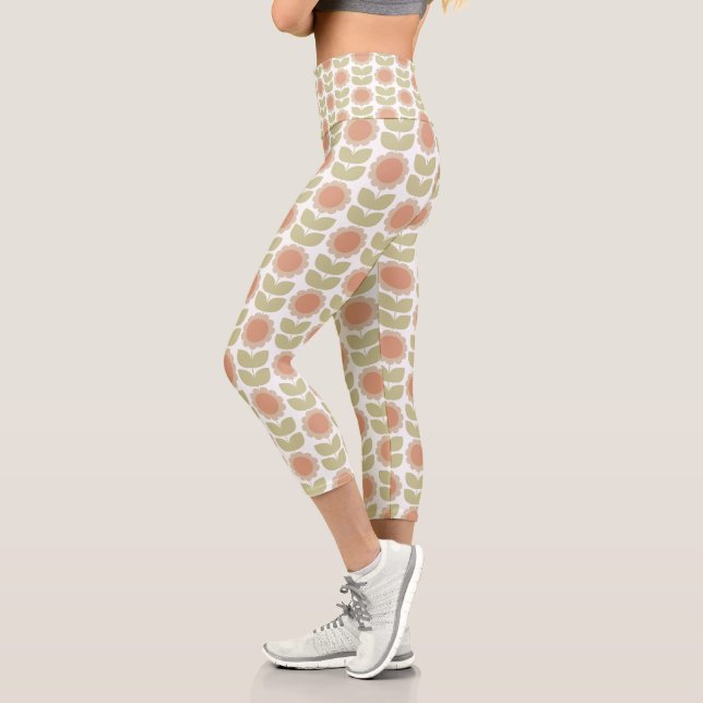Leggings Capri  Mid-Century Pastel Pink Retro Floral Pattern (Gauche)
