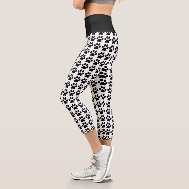 Leggings Capri Mignonne Empreinte de patte Blanc Noir Motif Fitne (Gauche)