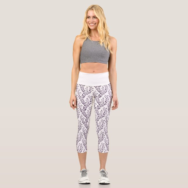 Leggings Capri Modern Minimalist Dark Plum White Floral  (Recto)