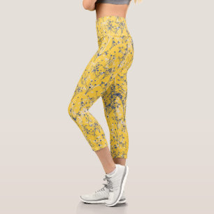 Leggings Capri Moderne Elégant bleu moutarde Jaune Fleurs sauvag