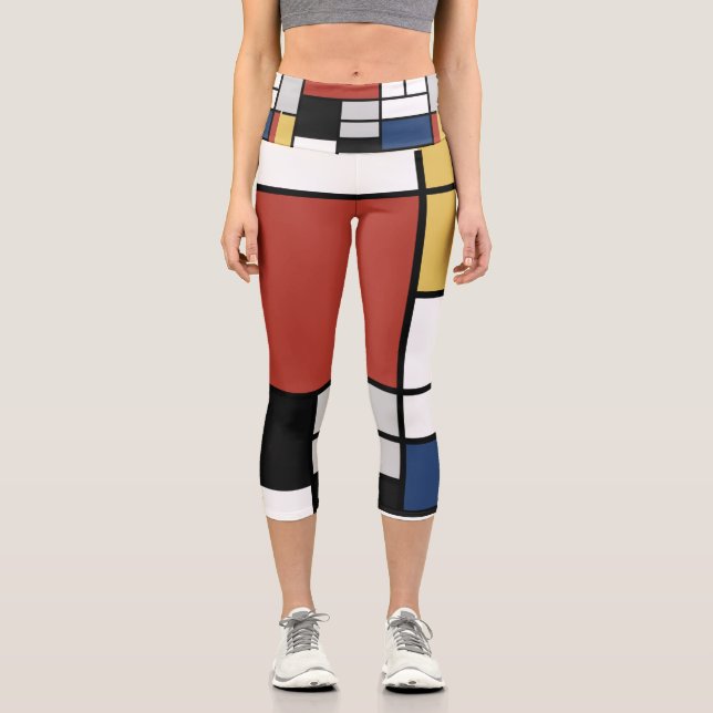 Leggings Capri Mondrian Peinture Rouge Plane Jaune Noir Gris Bleu (Recto)