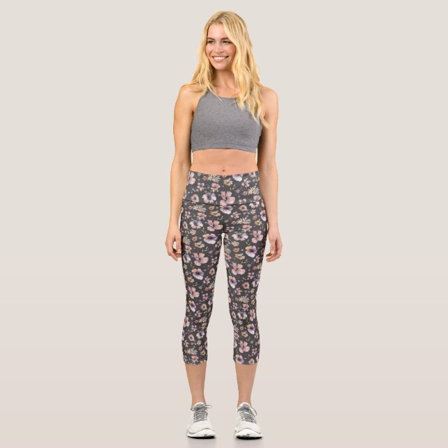 Leggings Capri Moody Boho Watercolor Blush Wildflowers Pattern  (Recto)