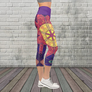 Leggings Capri Mosaic Kaleidoscope Fleur Jaune rose et violet