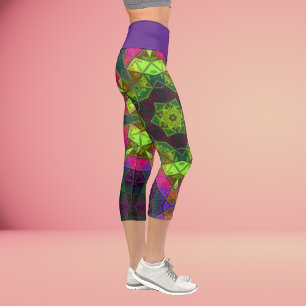 Leggings Capri Mosaic Kaleidoscope Fleur vert rose et violet L