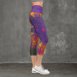 Leggings Capri Mosaic Kaleidoscope Fleur violet jaune et rose