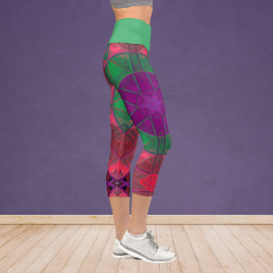 Leggings Capri Mosaic Kaleidoscope Fleur violet vert et rose L