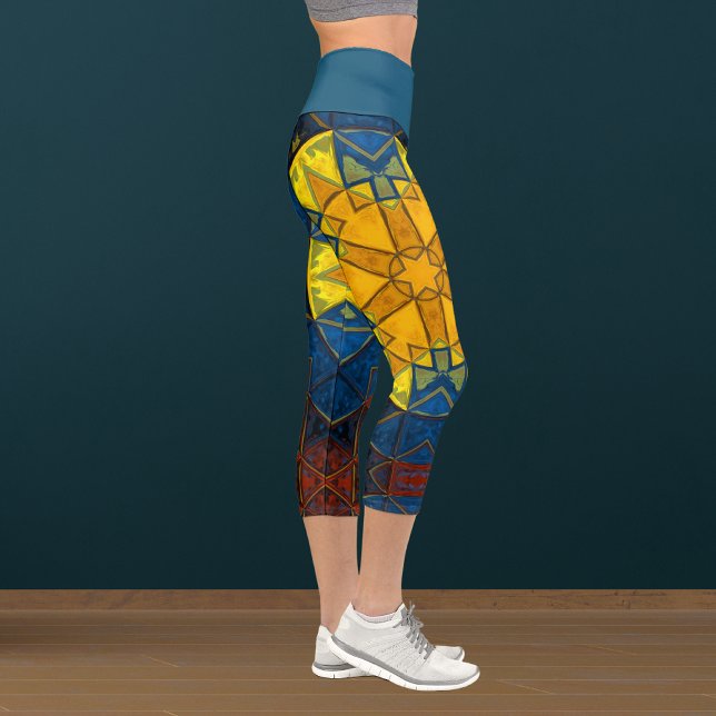 Leggings Capri Mosaic Mandala Fleur Jaune Bleu et Rouge (Créateur téléchargé)