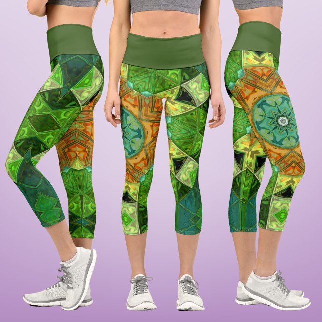 Leggings Capri Mosaic Mandala Orange et vert (Créateur téléchargé)