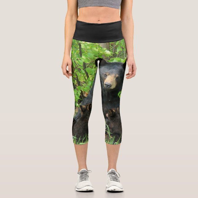 Leggings Capri Mothère Ours Noir Nourrir Deux Cubs (Recto)