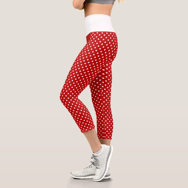Leggings Capri Motif à points Polka de Noël rouge et blanc (Gauche)