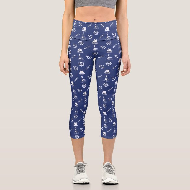 Leggings Capri Motif à voile blanc sur bleu marine (Recto)