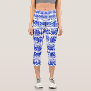 Leggings Capri Motif arabesque méditerranéen grec bleu