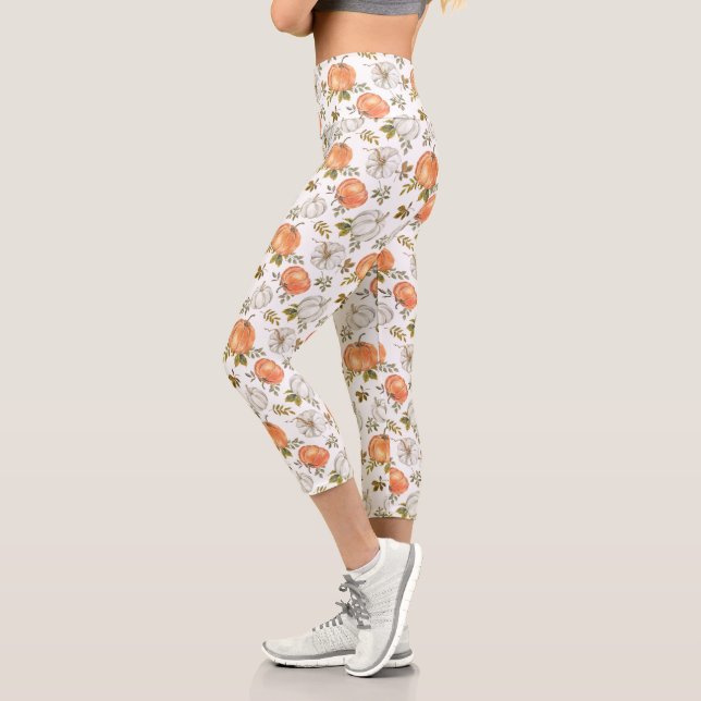 Leggings Capri Motif Citrouille d'aquarelle d'automne (Gauche)