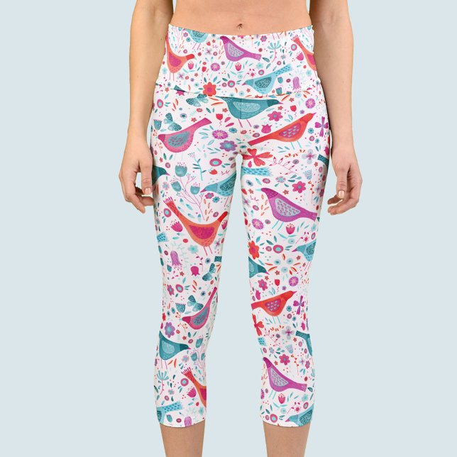Leggings Capri Motif d'aquarelle d'oiseaux (Watercolor bird and flower leggings)