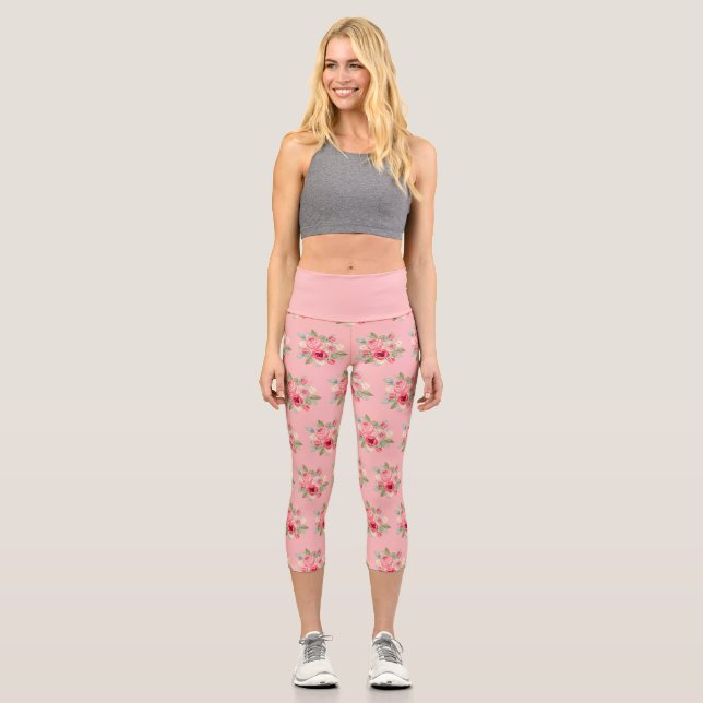 Leggings Capri Motif de bouquet de roses peintes rose (Recto)