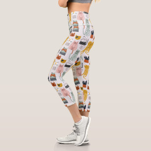 Leggings Capri Motif de chat à main mignon Doodle