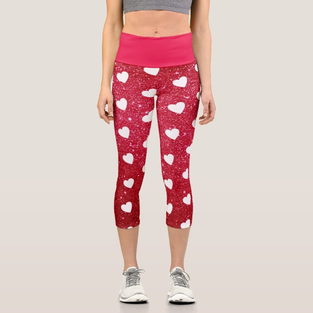 Leggings Capri Motif de coeur mignon Parties scintillant rouge bl (Recto)