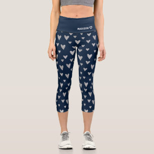 Leggings Capri Motif de coeur moderne bleu argent Nom personnalis