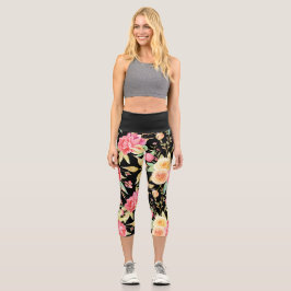 Leggings Capri Motif de fleurs brillant et gai sur noir