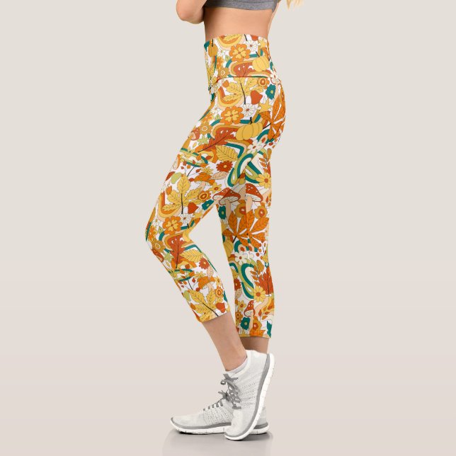 Leggings Capri Motif de fleurs de champignons Super rétro (Gauche)