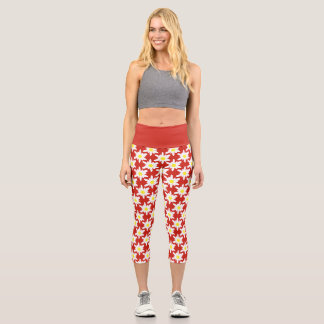 Leggings Capri Motif de fleurs d'edelweiss blanches sur fond roug