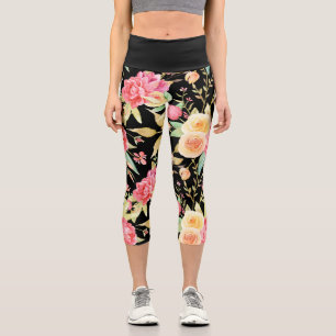 Leggings Capri Motif de fleurs vives et gaies sur fond noir