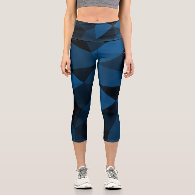 Leggings Capri Motif de maillage géométrique bleu foncé et noir (Recto)