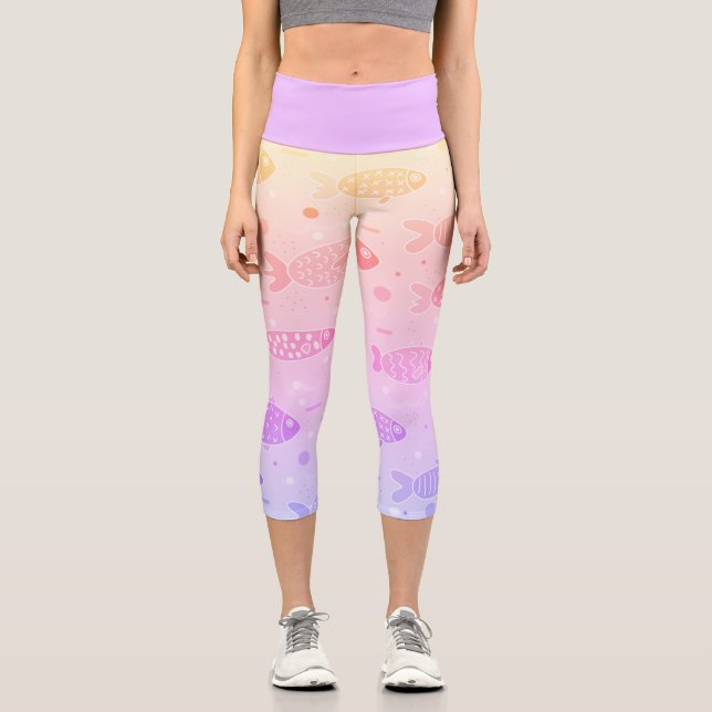 Leggings Capri Motif de poisson couché de soleil rayonnant modern (Recto)