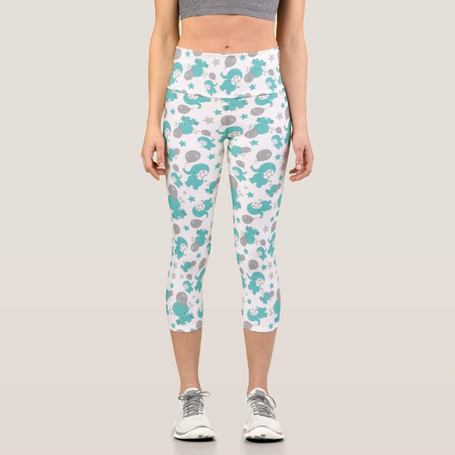 Leggings Capri Motif Des Eléphants Bleus, Eléphants Mignons, Étoi (Recto)