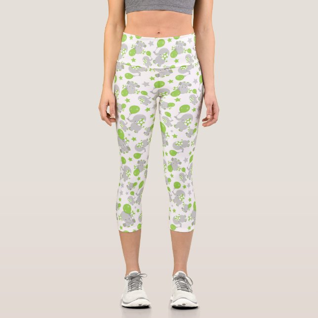 Leggings Capri Motif Des Eléphants, Eléphants Mignons - Grey Vert (Recto)