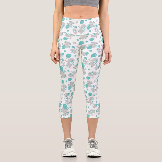 Leggings Capri Motif Des Eléphants, Eléphants Mignons - Gris Bleu (Recto)