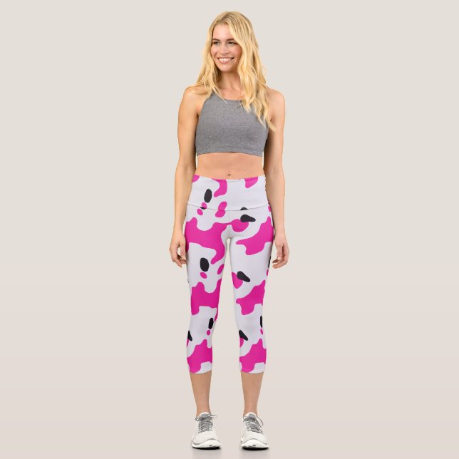 Leggings Capri Motif d'impression de vache rose et noire (Recto)