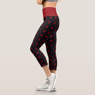 Leggings Capri Motif Empreintes de Patte et Points Noirs et Rouge