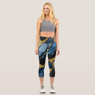 Leggings Capri Motif en marbre bleu avec or