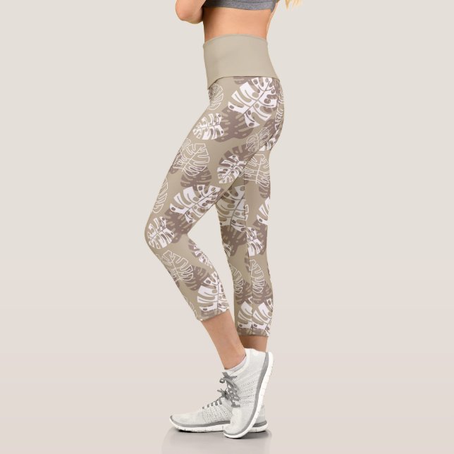 Leggings Capri Motif Feuille du Monstre Botanique Brown en latte  (Gauche)