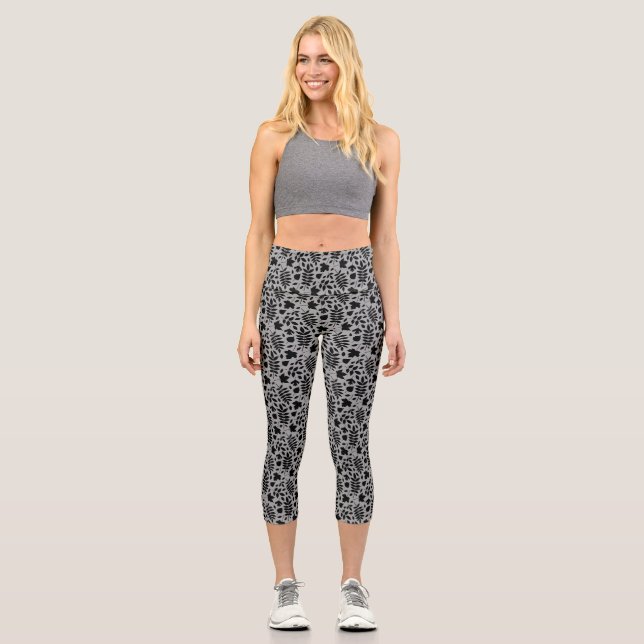 Leggings Capri Motif Feuille tombé noir sur gris (Recto)