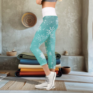 Leggings Capri Motif Flocons de Neige Bleu Turquoise Doux Gel Hiv